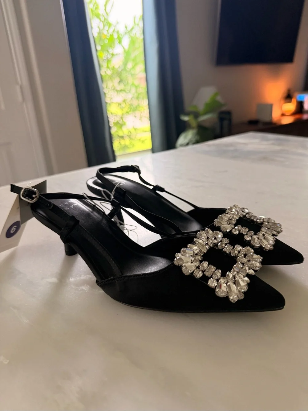 Black Pointed Slingback Kitten Heel with Crystal Buckle